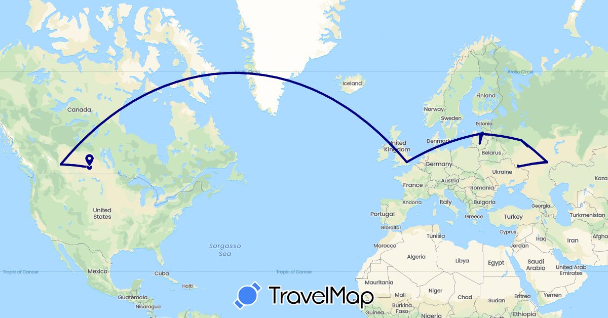 TravelMap itinerary: driving in Canada, United Kingdom, Lithuania, Latvia, Russia (Europe, North America)